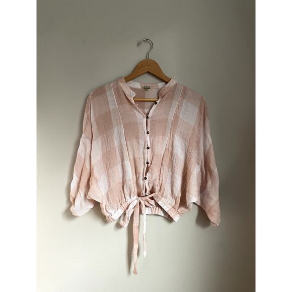 Gimmicks Gingham Plaid Pink Blouse Small Tie Top Crop Dainty Feminine Soft Cozy - Picture 1 of 5